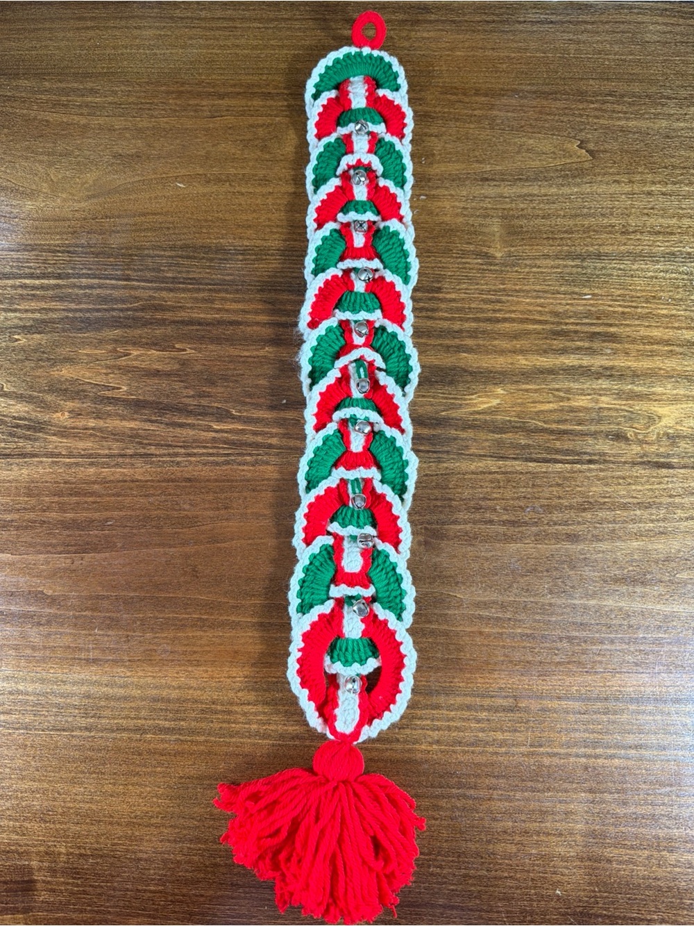 Handmade Vintage Red & Green Crochet Holiday Pull with Bells